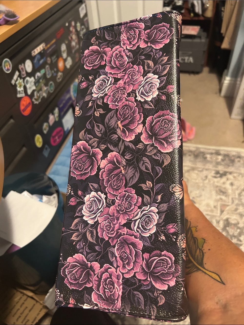 Skullette Rose Print Travel Tote in Black and Purple Wallet included - Picture 3 of 5